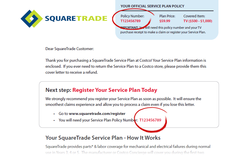 Costco sample cover letter with Policy Numbers highlighted