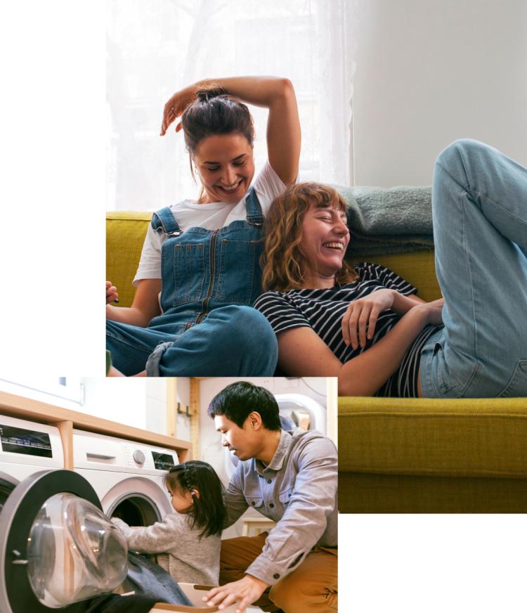 Two friends laughing while laying on couch, father and daughter loading clothes in washing machine